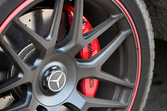Minsk, Belarus - March, 17 2026: Front Matte Black Wheel On Mercedes-AMG G 63 Edition 1 With Red Brake Calipers and Discs
