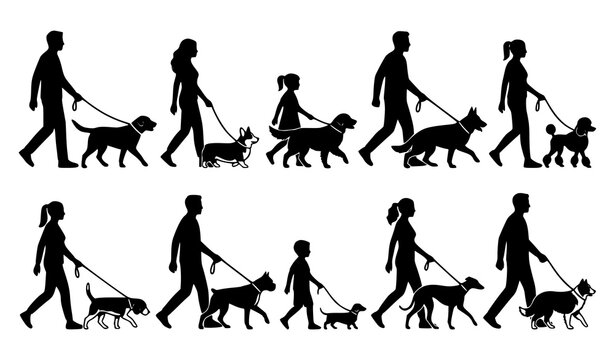 People walking dogs silhouette vector set with pet owners and leash walking poses isolated on white background