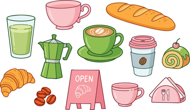 Morning cafe set: coffee, croissants, pastry, juice, and open sign illustration, breakfast, and bakery items