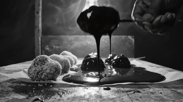 Black and white close up of a hand dipping coconut dessert balls into melted dark chocolate