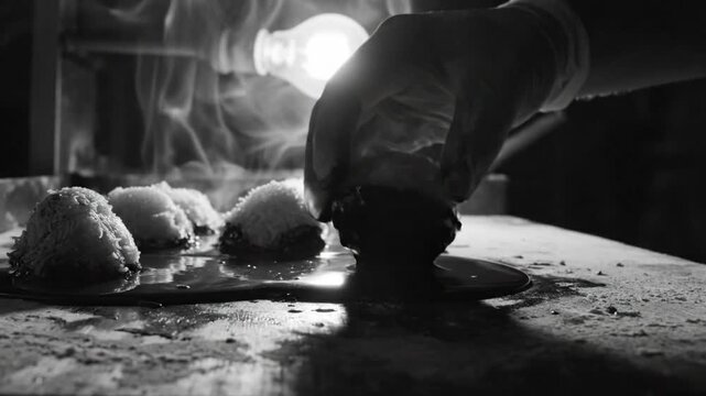 Black and white close up of a hand dipped coconut macaroon in melted chocolate with light bulb in background