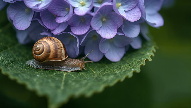 雨季の庭で紫陽花の葉を進むカタツムリの自然写真