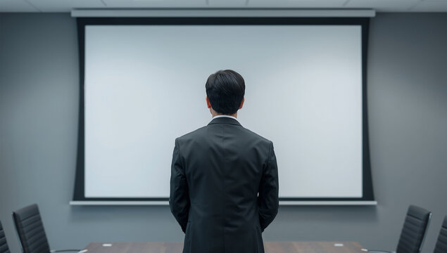 会議室でプレゼン前に立つ日本人ビジネスマンの後ろ姿写真