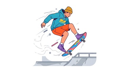 Fototapeta premium A skateboarder performing a trick on the ramp with an animated illustration style. The image depicts a young person skillfully executing a skateboarding maneuver