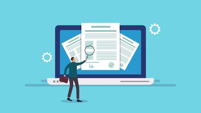 Business people reviewing a business agreement online. Person reviewing documents on a laptop with a magnifying glass. suitable for business, research, analysis, and investigation. 2d animation.