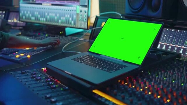 Professional Music Recording Studio with Laptop Green Screen Mockup on Mixing Console
