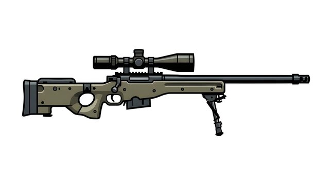 Long-range bolt-action sniper rifle illustration featuring a high-magnification scope and bipod for precision shooting and tactical operations.
