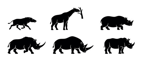 Rhinoceros animal silhouette vector set, prehistoric rhino species and extinct mammals icons collection isolated on white background for wildlife graphic design, educational biology illustrations, and © Dinali