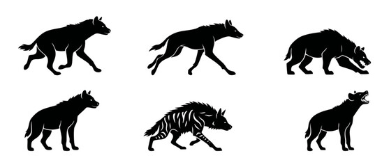 Obraz premium Hyena Silhouette Set Vector Collection, African Wild Animal Running and Standing Poses, Aggressive Predator Stance, Minimalist Black Graphic Design Icons Isolated on White Background for Wildlife Bran