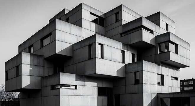 Modern Concrete Building with Geometric Design.
