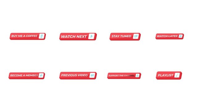 Video platform CTA isometric UI buttons animation pack. Watch and content navigation controls. Support creator. Click interaction motion. Modern social media interface elements animated tap collection