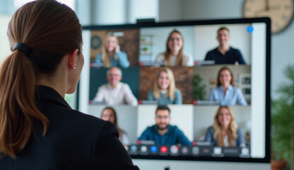 Obraz premium A woman participates in an online meeting with her colleagues on screen. People are connected via video call.