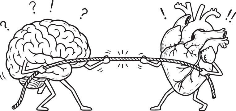 Cartoon brain and heart in tug of war, symbolizing inner conflict, decision making, and emotional versus rational struggle