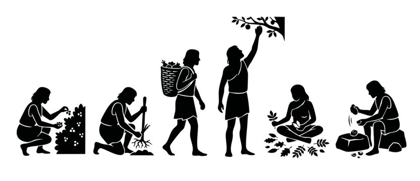 Prehistoric People Daily Life Silhouette Set: Primitive Humans Foraging, Gathering Food, Hunting and Using Stone Tools for Survival in Ancient Times, Educational Vector Illustration for History Studie