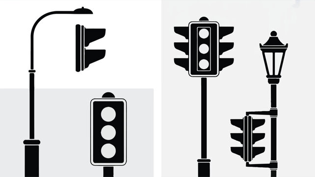 black and white traffic lights and street lamps on gray background