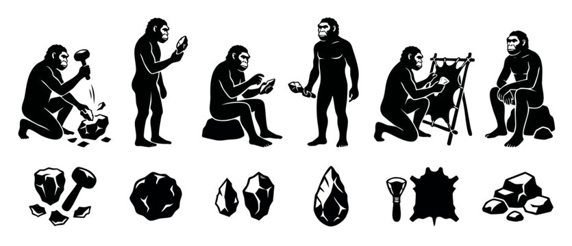 Human Evolution Set Primitive Stone Age Tools and Early Man Activities Vector Illustration for Historical Education, Anthropology Study, Prehistoric Development, and Archaeological Research Projects