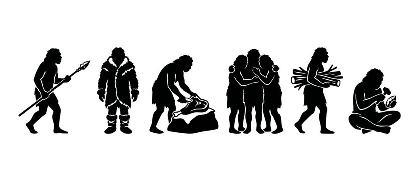 Caveman prehistoric evolution set silhouettes icons, early human life stages and primitive activities, hunting, gathering, and stone tool craftsmanship in flat black vector design for historical educa