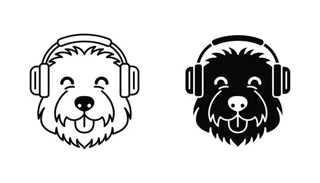 Cute dog head wearing headphones icon set in clean outline and solid black vector style for music and pet related branding applications