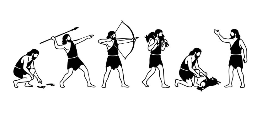 Prehistoric Caveman Evolution Hunting Progression Set, Primitive Human Characters Illustrating Ancient Survival Skills, History Timeline Icons for Anthropology and Educational Graphic Design Projects
