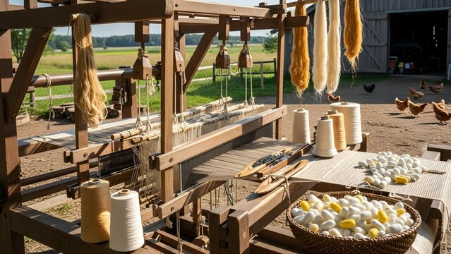 Traditional textile manufacturing with natural fibers, silk cocoons, and antique weaving looms in a rural setting