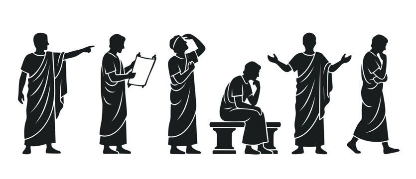 Roman philosopher silhouette icons set, ancient Greek people in togas posing, historical orator statues, educational character set showing various gestures, stoic thinkers and orator in classical atti