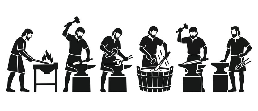 Blacksmith working iron process set, forging sword and horseshoe on anvil with hammer and fire. Vector silhouette illustration of traditional metal smithing craft stages in a linear infographic style.