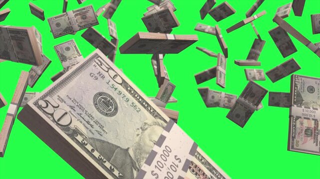 3d render of Dollar bills fall down slowly animation on Green Screen. Business concept