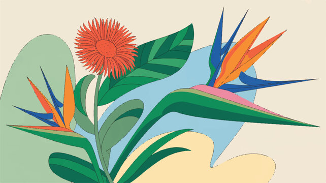 Colorful illustration of bird of paradise and gazania flowers with leaves