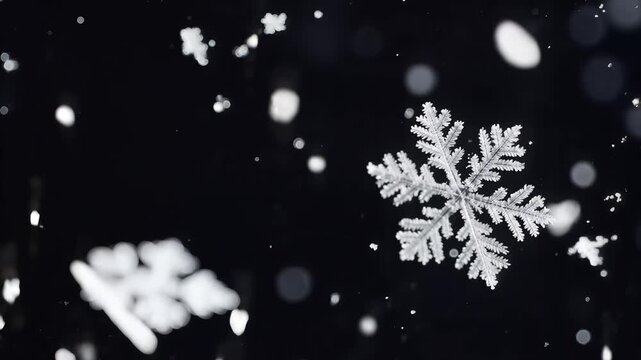 Closeup of intricate snowflakes falling against a dark background.