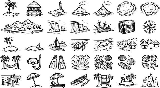 Hand-drawn Black and White Line Art Travel and Vacation Icons Set. Tropical Island Summer Holiday Beach Elements Doodle Collection.