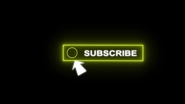 Glowing neon blue color white text cursor animation pointing towards subscribe button in looping with transparent background.
