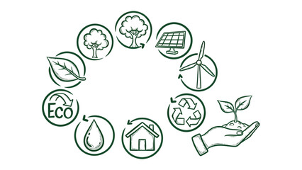 Eco-Friendly Symbol Circle: A visually striking illustration showcasing a circular arrangement of eco-conscious symbols, representing the interconnectedness of nature and sustainable practices. © Khadiza