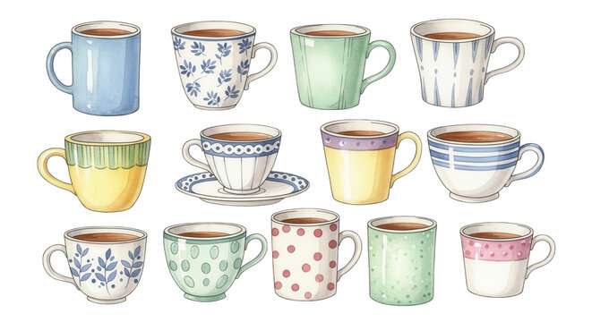 Collection of twelve ceramic coffee mugs and tea cups featuring colorful patterns, stripes, polka dots, and floral motifs on a black background