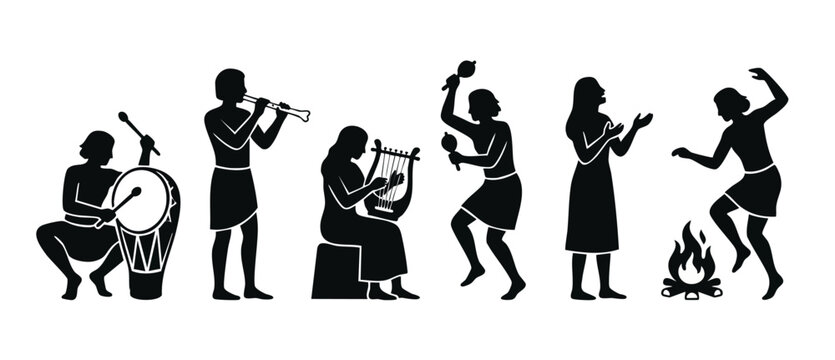 Ancient tribal musicians silhouettes set, primitive people playing traditional musical instruments and dancing around campfire, cultural ritual vector illustration isolated on white background for des