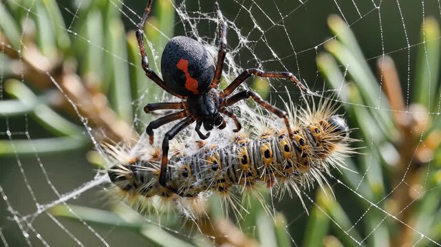 Redback Spider Captures Caterpillar in Intricate Web.