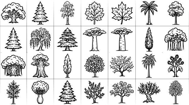 Nature  Botany Black  White Line Art Tree Illustrations Collection: Diverse Outline Drawings of Forest Plants, Conifers, Palms, Baobabs, Deciduous  Exotic Flora