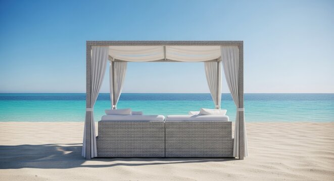 Luxury beach daybed with canopy on tropical sandy shore