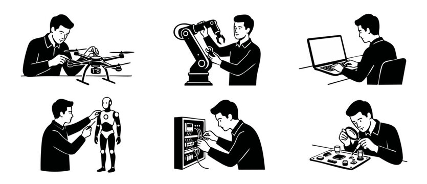 Engineer working with technology icons set, drone maintenance, industrial robotics, computer programming, robot assembly, electrical panel repair and circuit board inspection, minimalist vector illust