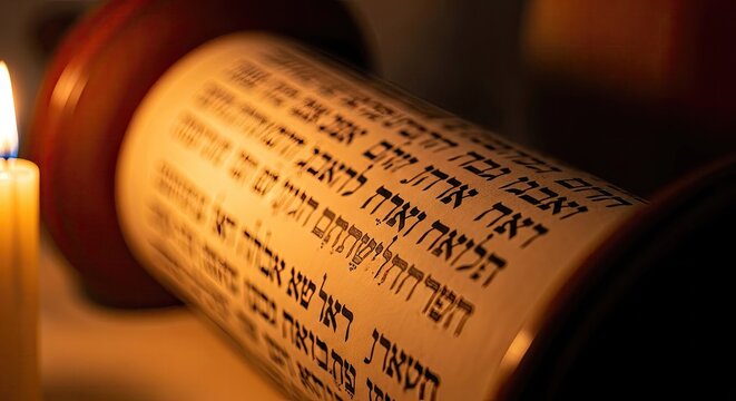 Ancient Torah Scroll with Hebrew Text Illuminated by Candlelight