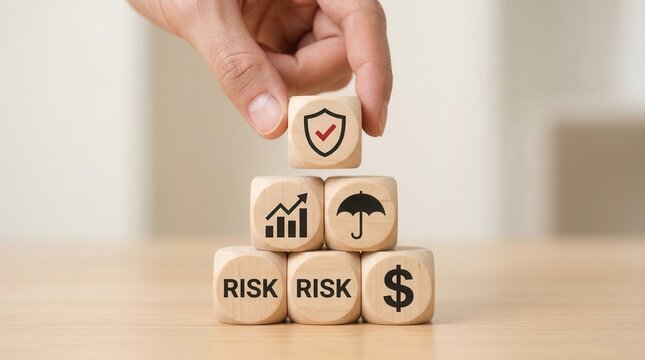 Business strategy concept featuring wooden blocks with finance, growth, and risk control symbols.