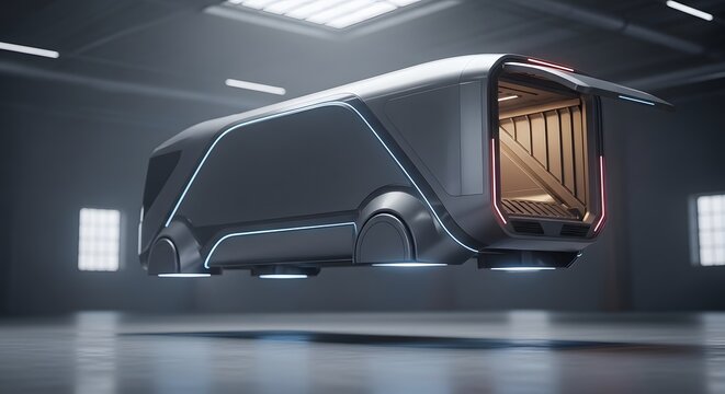 Futuristic Autonomous Cargo Van Hovering in a Modern Industrial Warehouse, Rear Door Open, Digital Delivery Concept
