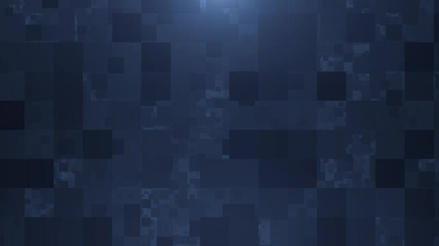 Abstract dark blue digital background with glowing squares and futuristic pixel texture. Modern technology motion backdrop for presentations and media.