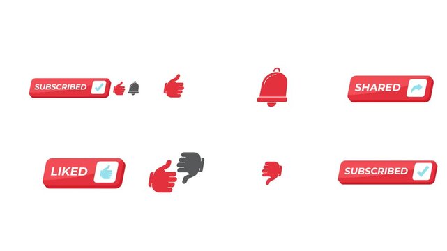Digital content platform isometric UI buttons animation pack. Like, share and subscribe actions. User feedback. Click interaction motion. Modern social media interface elements animated tap collection