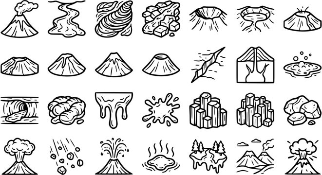 Geology and Volcanic Activity Black and White Line Art Icons. Earth Science, Natural Phenomena, Landforms, and Disaster Doodles Vector Set.