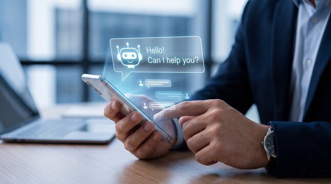 Professional man holding a mobile phone displaying a holographic AI chatbot assistant message