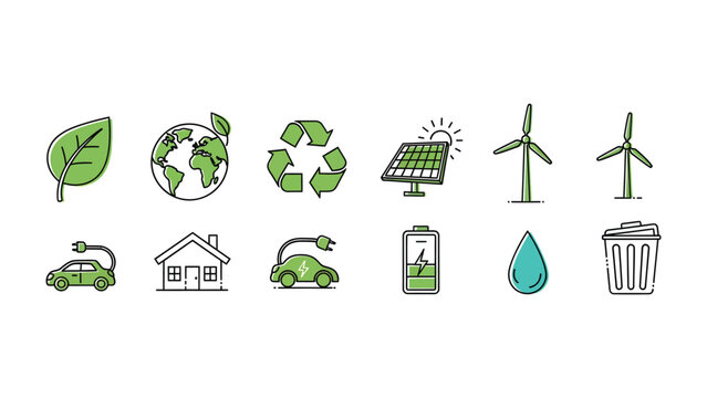 Eco-Friendly Icons: A visual collection of eco-friendly symbols, showcasing concepts of renewable energy and environmental conservation.