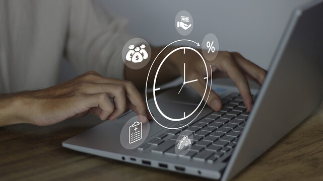 Business investment strategy execution on laptop focusing on finance growth, interest rates, dividends, retirement fund, income tax, fixed deposits, savings, and stock returns with digital icons