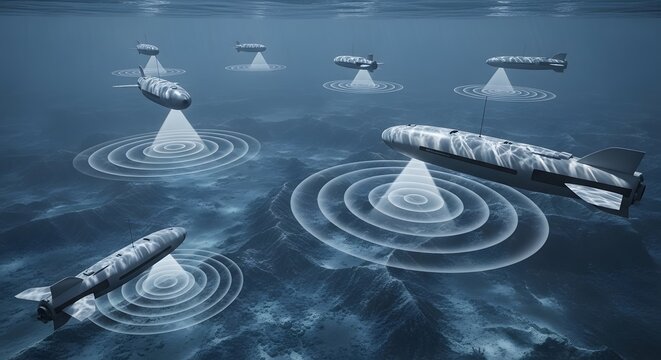 torpedoes underwater with ripples on surface.