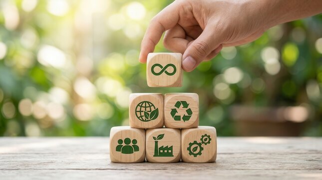 Sustainable strategies for business growth using wooden blocks with circular economy symbols.
