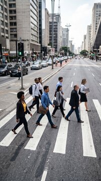 Grupo diverso de trabalhadores atravessando rua com sinal aberto em S&atilde;o Paulo simbolizando responsabilidade coletiva e seguran&ccedil;a no tr&acirc;nsito durante campanha Maio Amarelo